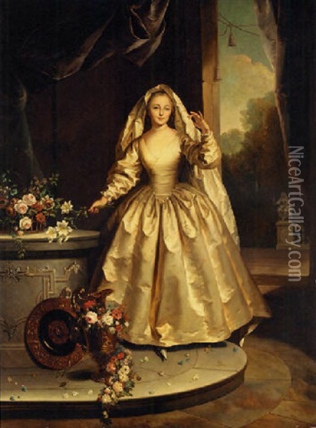 Portrait Of Marie-francoise Boucher As A Vestal Virgin, Holding A Bunch Of Lilies, A Landscape Beyond Oil Painting - Jean Raoux