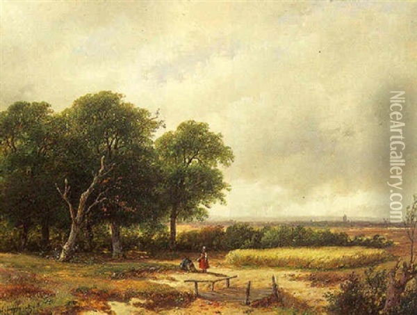 An Extensive Landscape With Figures Resting, A City In The Distance Oil Painting - Andreas Schelfhout