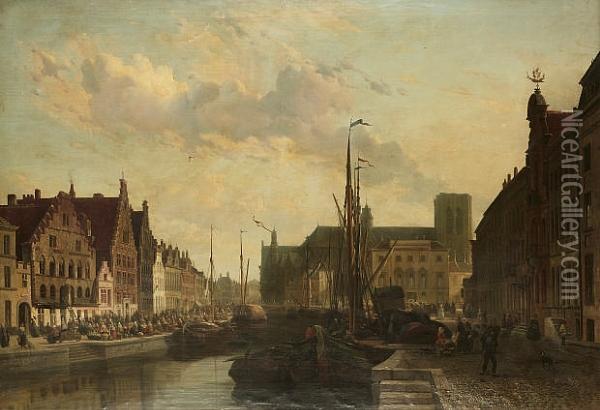 The Leie In Gent, With A Busy Quayside Oil Painting - Francois Jean Louis Boulanger
