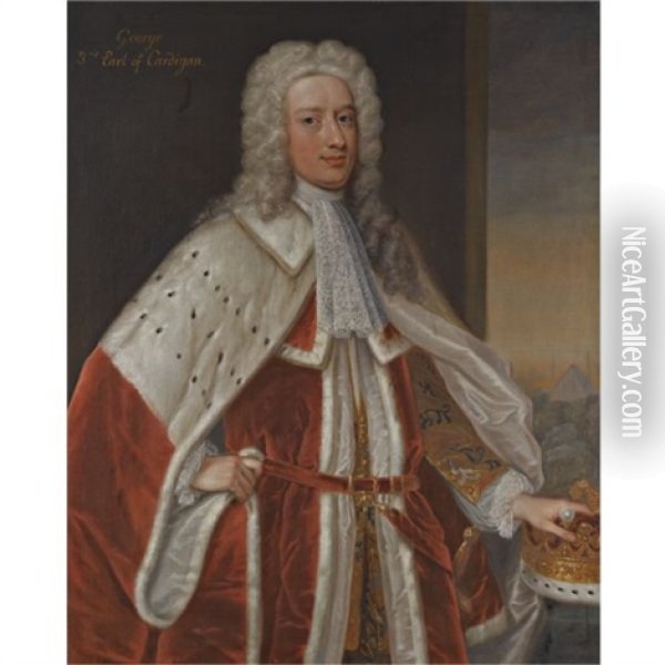 Portrait Of George, 3rd Earl Of Cardigan Wearing Peers's Robes, His Left Hand Resting On His Coronet, A Pyramid Beyond Oil Painting - Enoch Seeman