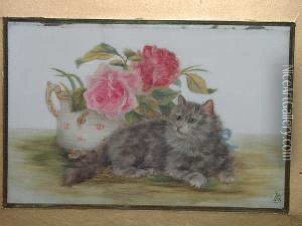 A Long Haired Cat, Before A Vase Of Roses Oil Painting - Bessie, Betsie Bamber