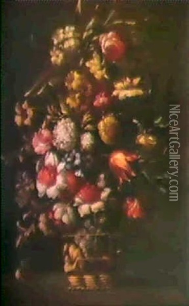 Ein Blumenstrauss In Einem Geflochtenen Korb Oil Painting - Bartolome Perez