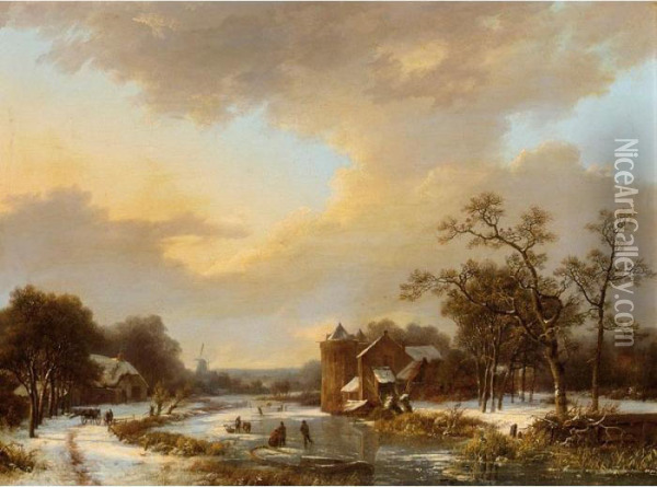 An Extensive Dutch Winter Landscape With Figures On A Frozen River Oil Painting - Marianus Adrianus Koekkoek