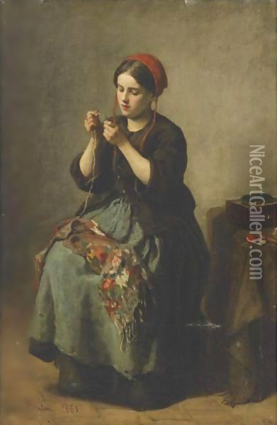Peasant Woman Threading A Needle Oil Painting - Jules Breton