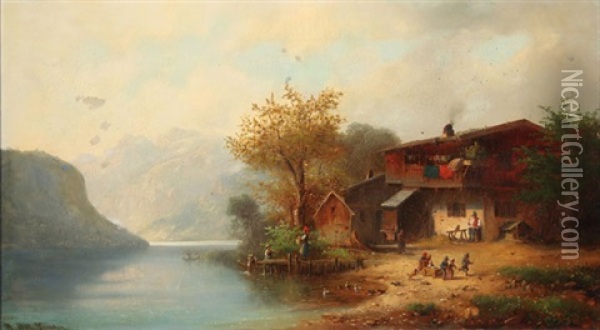 Alpine Lakeside Cottage Oil Painting - Anton Doll