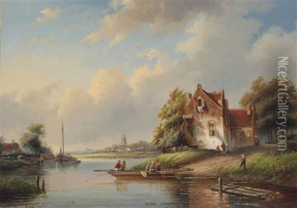 A Ferry Crossing In Summer Oil Painting - Jan Jacob Coenraad Spohler