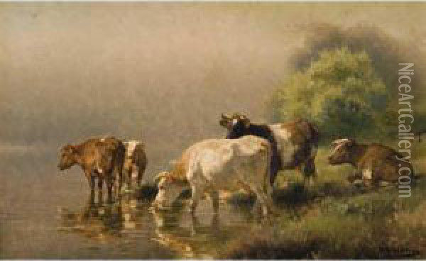 Cattle Resting By Water Oil Painting - Jan Hendrik Scheltema
