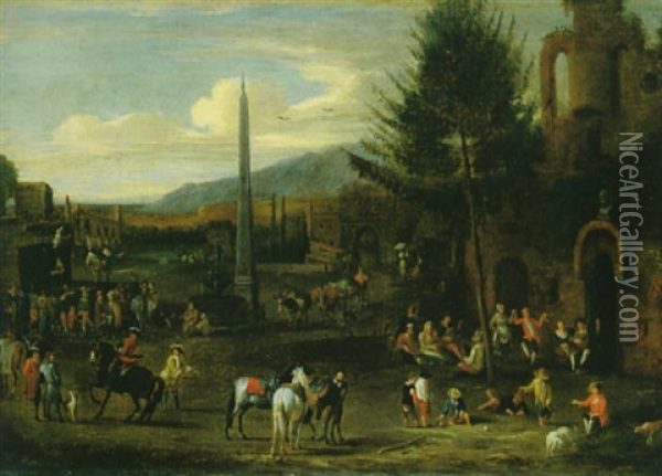 Weiter Platz Mit Einem Obelisken Und Sich Belustigendem Volk Oil Painting - Mathys Schoevaerdts