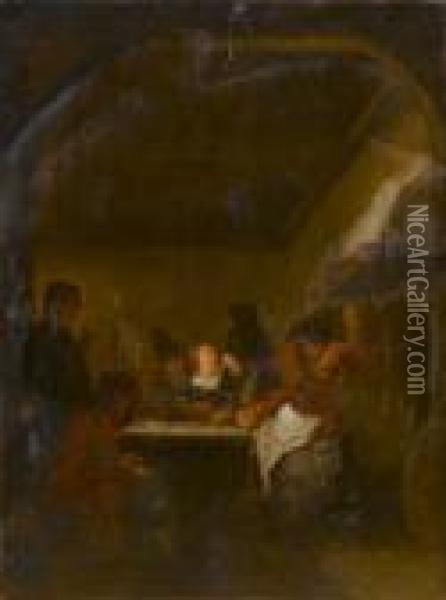 Peasants Carousing In A Tavern Interior Oil Painting - Jan Miense Molenaer
