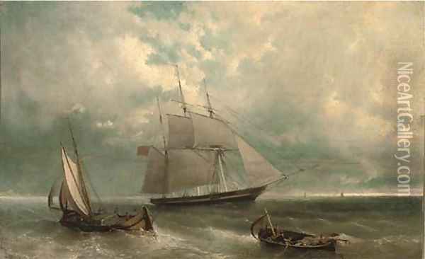 A British merchantman amidst other fishing craft in coastal waters Oil Painting - John Callow