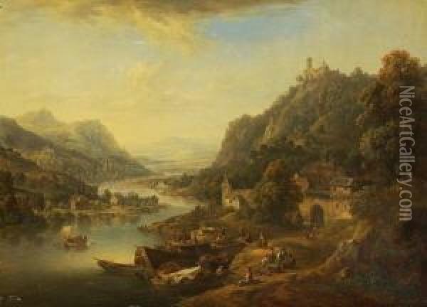 Ideale Flusslandschaft. Oil Painting - Christian Georg Schuttz II
