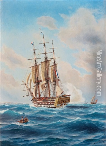 Franskt Linjeskepp Till Segels (french Line Ship At Sail) Oil Painting - Jacob Haegg