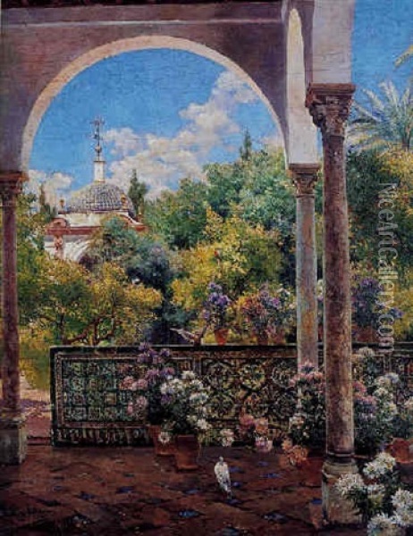 Los Jardines De Los Reales Alcazares De Sevilla Oil Painting - Manuel Garcia y Rodriguez