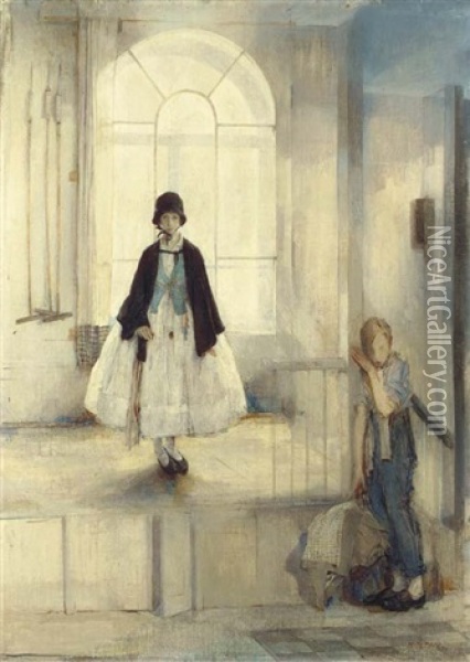 Two Children In A Stable Oil Painting - Madeline Green