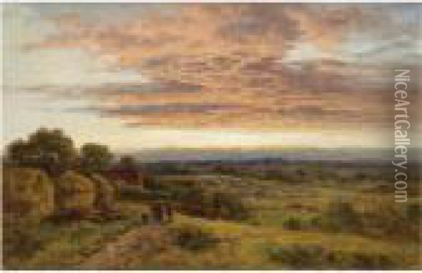 A Surrey Sunset Oil Painting - Benjamin Williams Leader