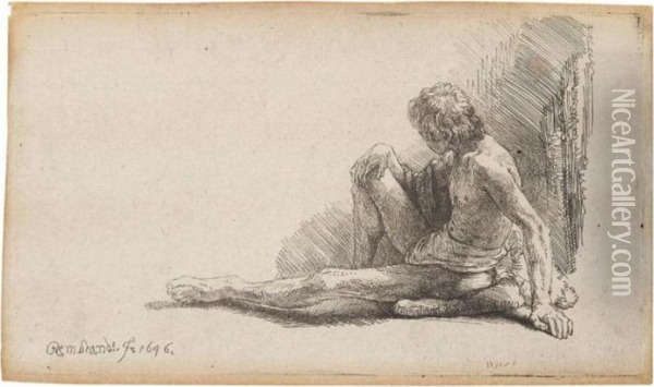 Nude Man Seated On The Ground With One Leg Extended (b., Holl.196; H.221; Bb.46-c) Oil Painting - Rembrandt Van Rijn