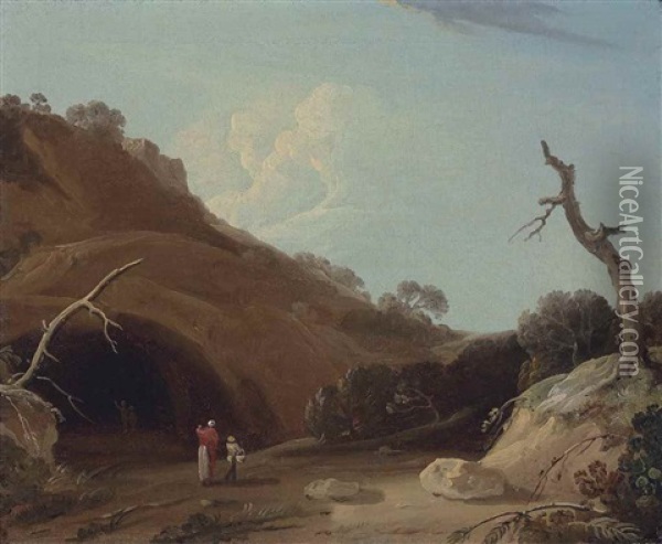 A Hilly Indian Landscape With Figures Passing By A Cave Oil Painting - William Hodges