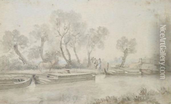 Barges On The River Stour At Flatford, Suffolk Oil Painting - John Constable