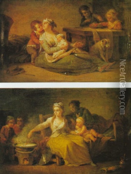 A Mother Seated On The Ground Surrounded By Her             Children In An Interior Oil Painting - Jean Preudhomme