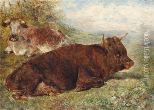 Young Bull Of The Welsh Breed, And Cow Oil Painting - William Huggins
