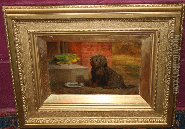 Study Of A Terrier And An Amazon Green Parrot Before A Bone On A Plate Oil Painting - Maud Earl