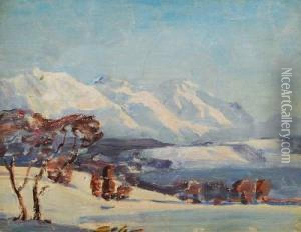 'chiemgau-tinninger See'/'winterlandschaft' Oil Painting - Emil Thoma