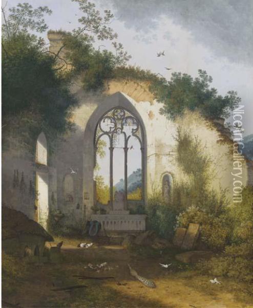 A Ruined Chapel With A Pig Sty, Poultry And A Peacock Sheltering In The Apse Oil Painting - Joseph Augustus Knip