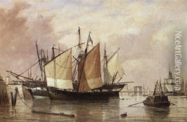 Ships Lying In The Seine At Rouen Oil Painting - Richard Henry Nibbs