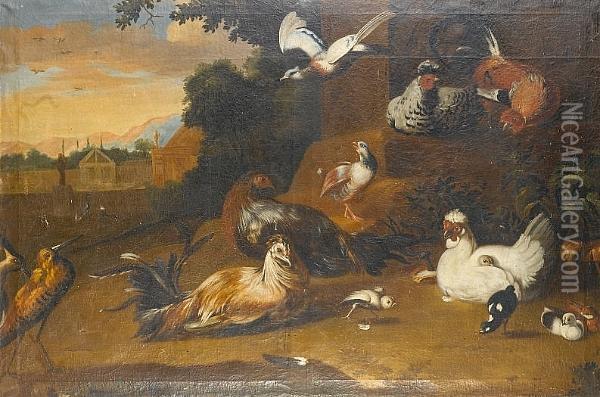 Chickens, Chicks And Snipe In A Landscape, A View To A County House Beyond Oil Painting - Pieter III Casteels