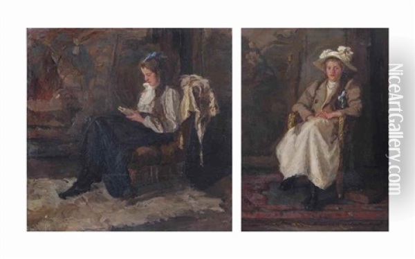 Girl With A Blue Ribbon Reading; And Girl With A White Bonnet Oil Painting - Barbara van Houten