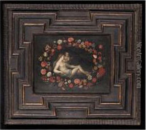 Venus And Cupid Within A Floral Garland Oil Painting - Pier Francesco Cittadini Il Milanese