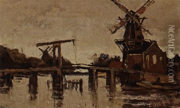 Drawbridge With Windmill De Adriaan, Haarlem Oil Painting - Theophile De Bock