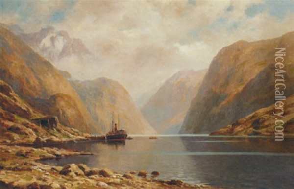 Boats On A Norwegian Fjord Oil Painting - Karl Paul Themistocles von Eckenbrecher