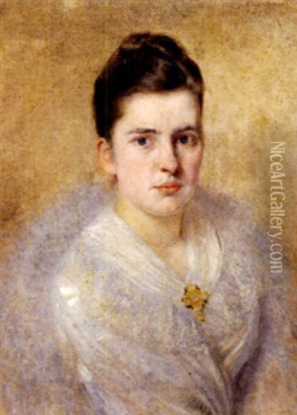 Portrait Einer Jungen Frau Mit Hochfrisur, Weiser Spitzenbluse Und Agraffe Oil Painting - Johannes Kleinschmidt