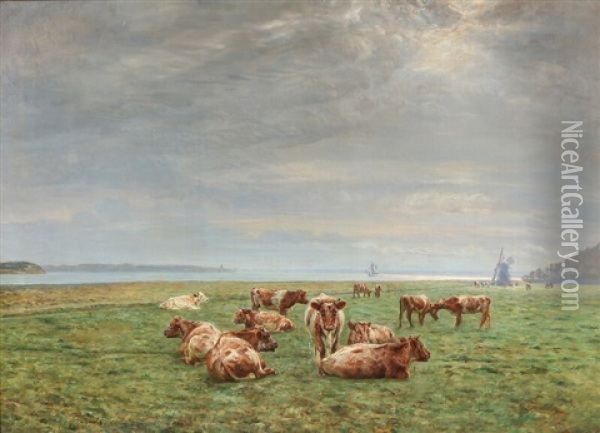 Cows Grazing Near A Coast Oil Painting - Niels Pedersen Mols