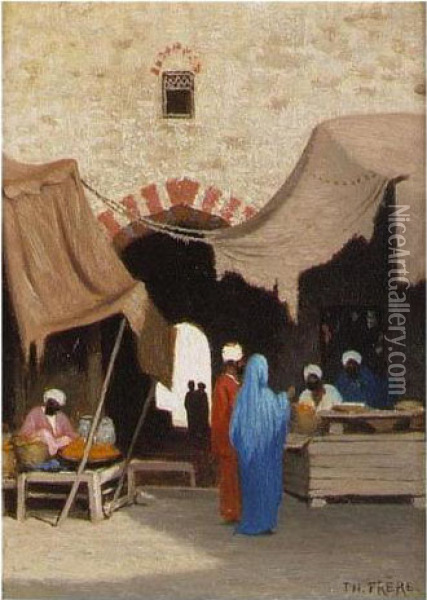 Entree De Bazaar A Alexandria, Egypt & Le Casbah Au Caire Oil Painting - Ch. Theodore, Bey Frere