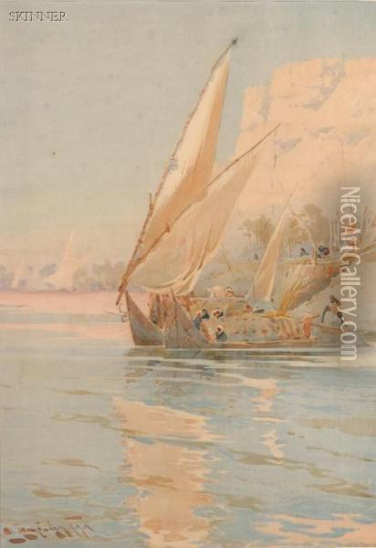 Two Views Of Sailing Along The Nile Oil Painting - Augustus Osborne Lamplough