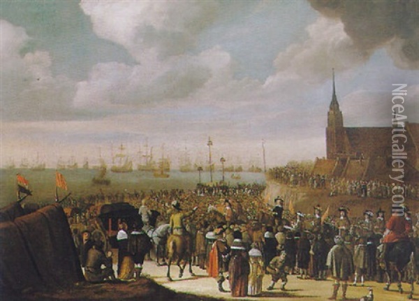 Villagers At A Port Welcoming The Return Of The Fleet Oil Painting - Cornelis Beelt