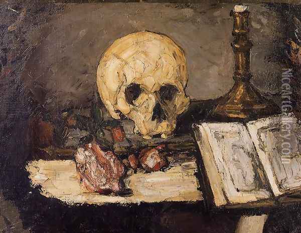Still Life With Skull And Candlestick Oil Painting - Paul Cezanne