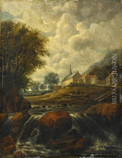 Landschaft Mit Wasserfall Und Kirche Oil Painting - Jacob Van Ruisdael