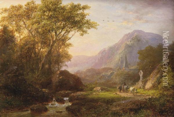 A Mountainous Summer Landscape With Cattle And A Churchbeyond Oil Painting - Johann Bernard Klombeck