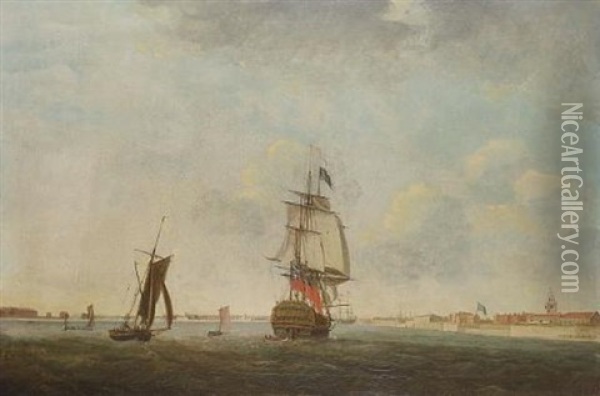 A Man-o' War Heading Into Portsmouth Harbour Oil Painting - William Elliott