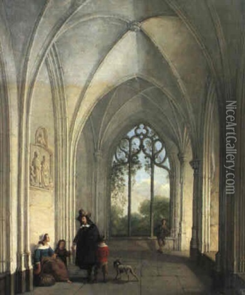 Gotischer Kreuzgang Mit Figurenstaffage Oil Painting - Willem Pieter Hoevenaar