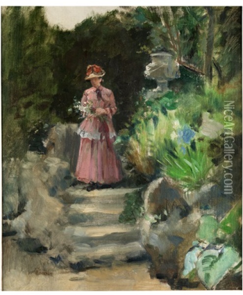 Junge Frau Mit Sommerhut Und Blumenstrauss Auf Einer Gartentreppe Oil Painting - Adolphe Louis Charles Crespin