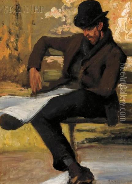 Man Reading On A Park Bench Oil Painting - Arthur C. Goodwin