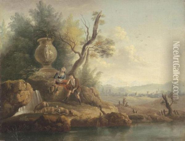 Pastoral River Landscape With A 
Shepherd And A Dairymaid Beside A Small Cascade Oil Painting - Francesco Zuccarelli