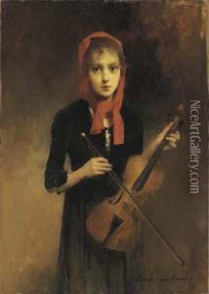 A Young Girl Holding A Violin Oil Painting - Louis Henri Deschamps