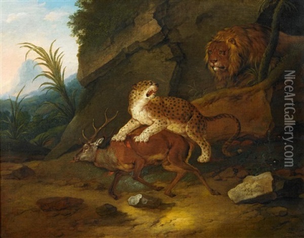 Leopard Und Lowe Mit Erlegtem Hirschen In Orientalischer Landschaft Oil Painting - Johann Melchior Roos