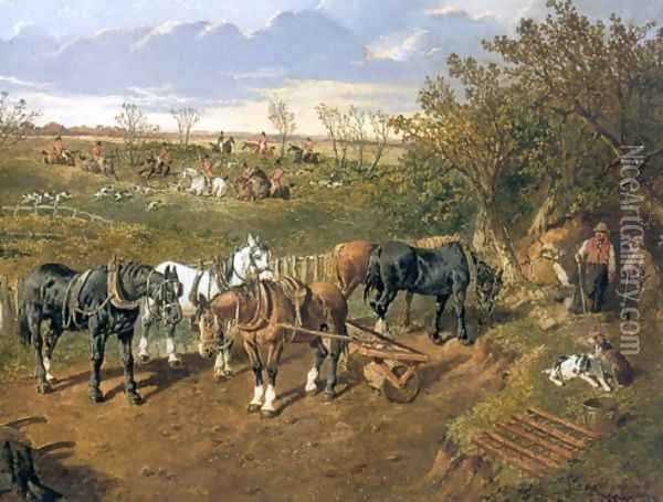 Plow Horse with a Foxhunt Beyond Oil Painting - John Frederick Herring Snr