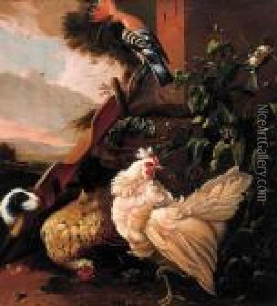 Poultry By A Yoke And A Well On A Farmyard Oil Painting - Melchior de Hondecoeter